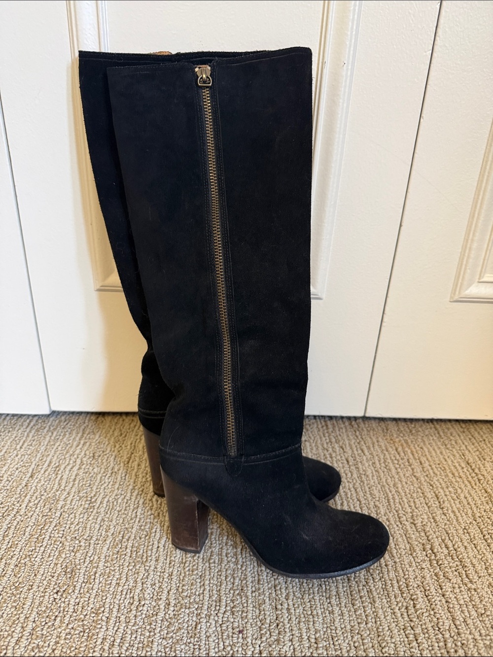 Coach Black Suede Knee-High Heeled Boots with Side Zipper - Picture 2 of 6